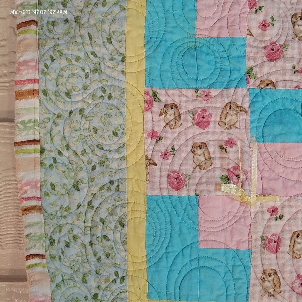 BABY BLANKET QUILT LAP SPRING COTTAGE CORE SHABBY CHIC 36X28 BUNNY RABBIT RIBBON
